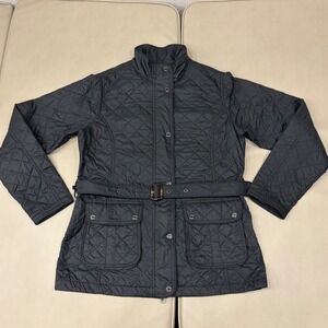 Peter Millar Womens Black Quilted Belted Jacket Plaid Lining LF15Z02 Size M